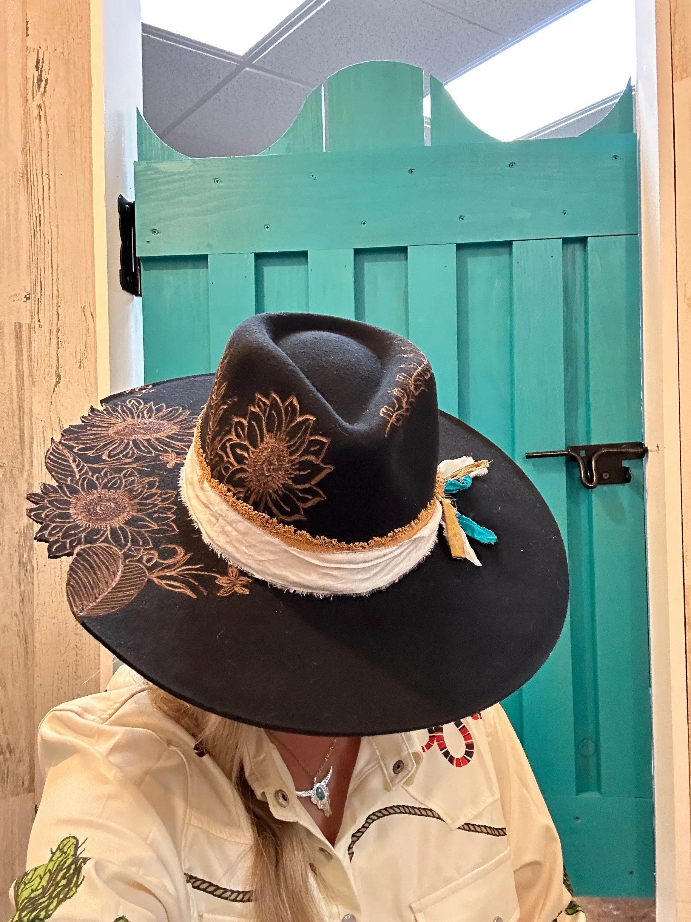 Sunflowers Live Edge Rancher Hat Custom Burned - Black| Bourbon Cowgirl