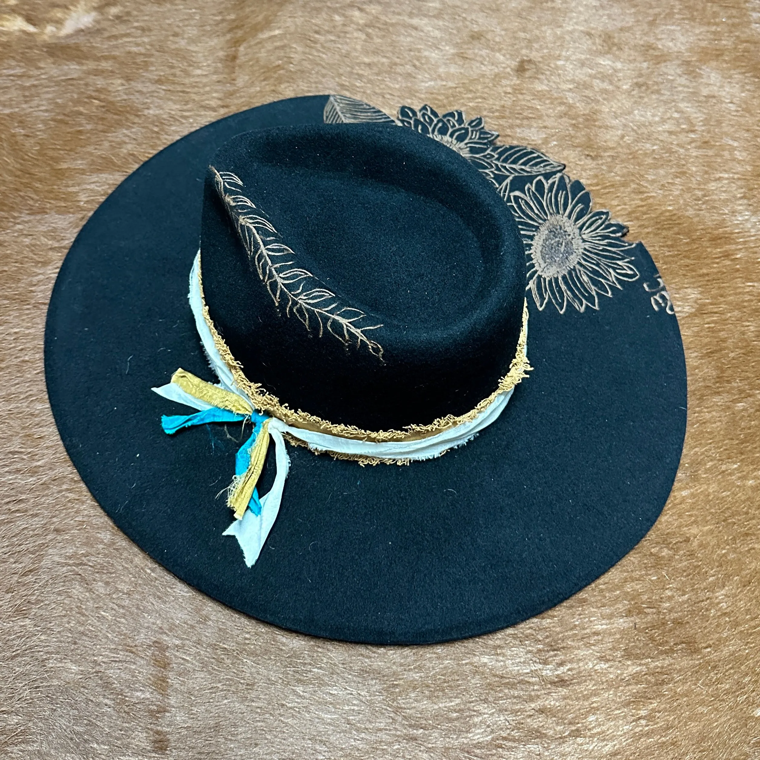 Sunflowers Live Edge Rancher Hat Custom Burned - Black| Bourbon Cowgirl
