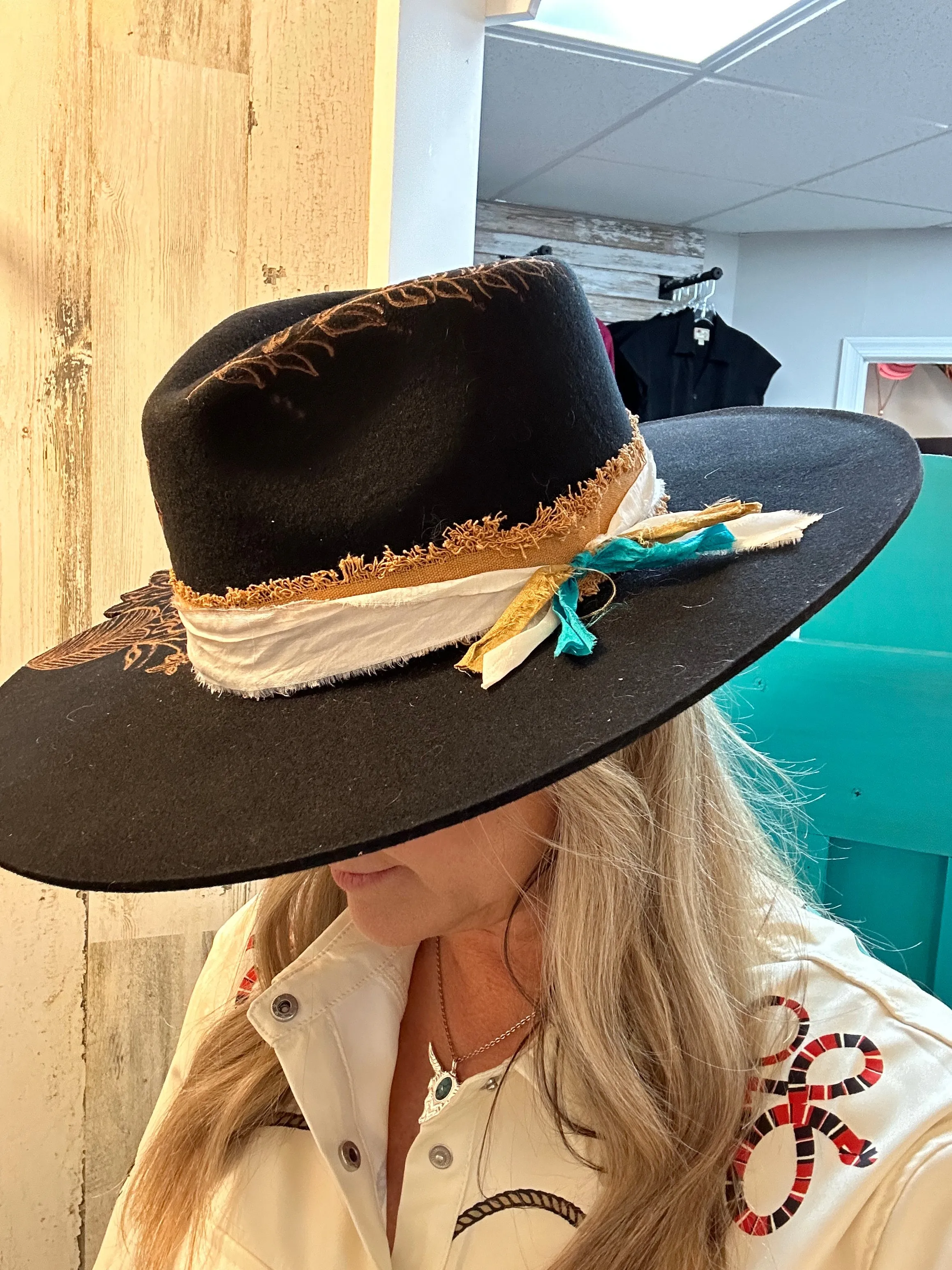 Sunflowers Live Edge Rancher Hat Custom Burned - Black| Bourbon Cowgirl
