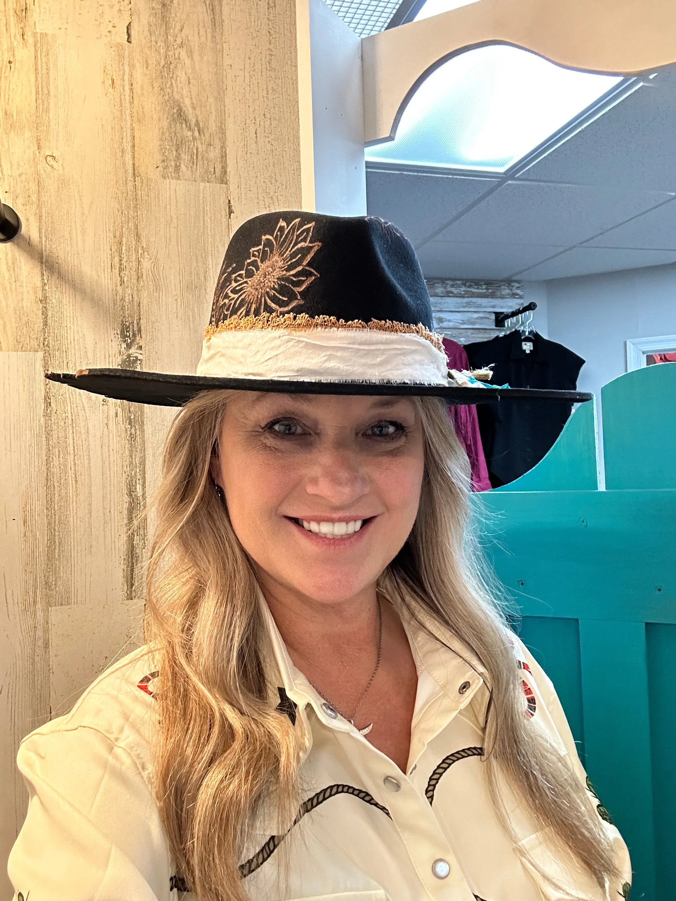 Sunflowers Live Edge Rancher Hat Custom Burned - Black| Bourbon Cowgirl