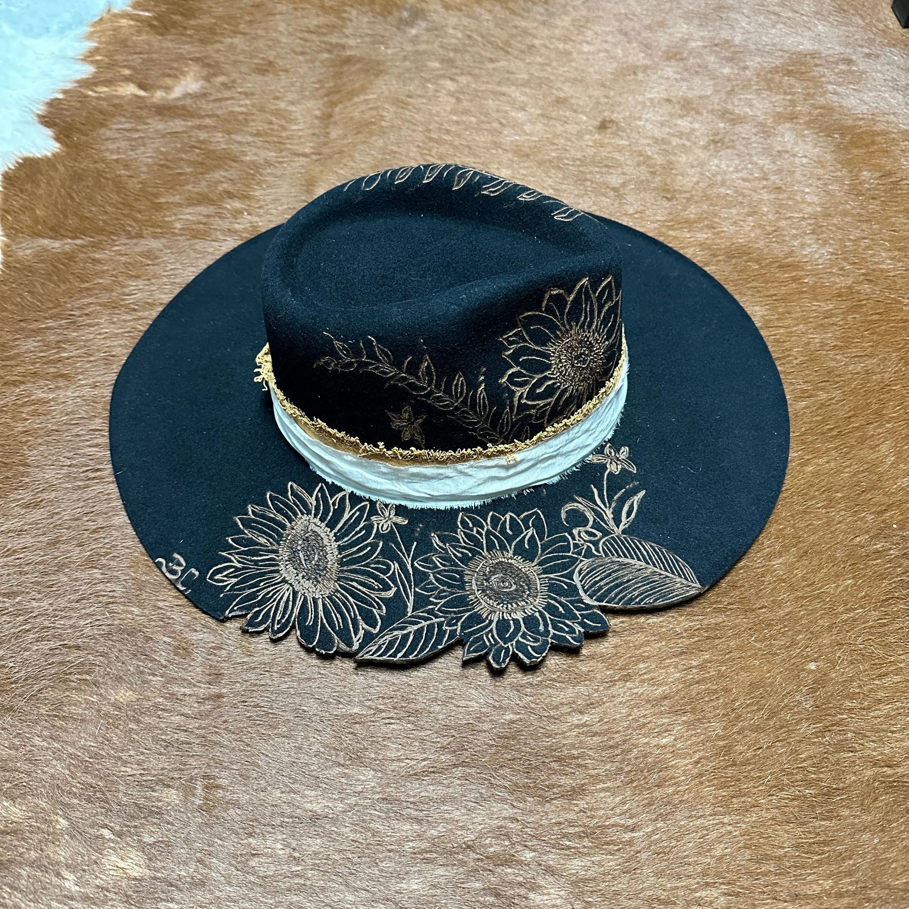 Sunflowers Live Edge Rancher Hat Custom Burned - Black| Bourbon Cowgirl