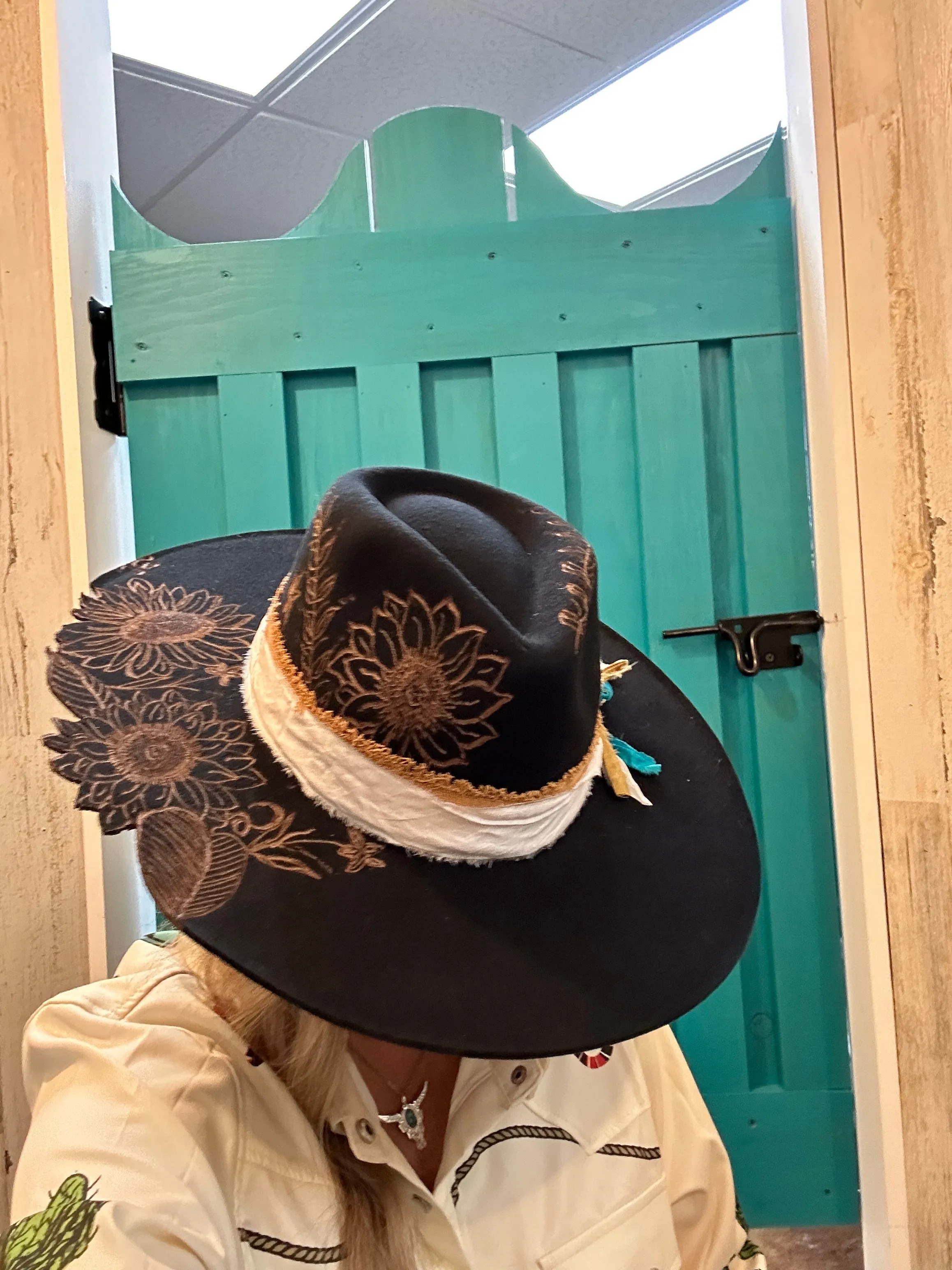 Sunflowers Live Edge Rancher Hat Custom Burned - Black| Bourbon Cowgirl
