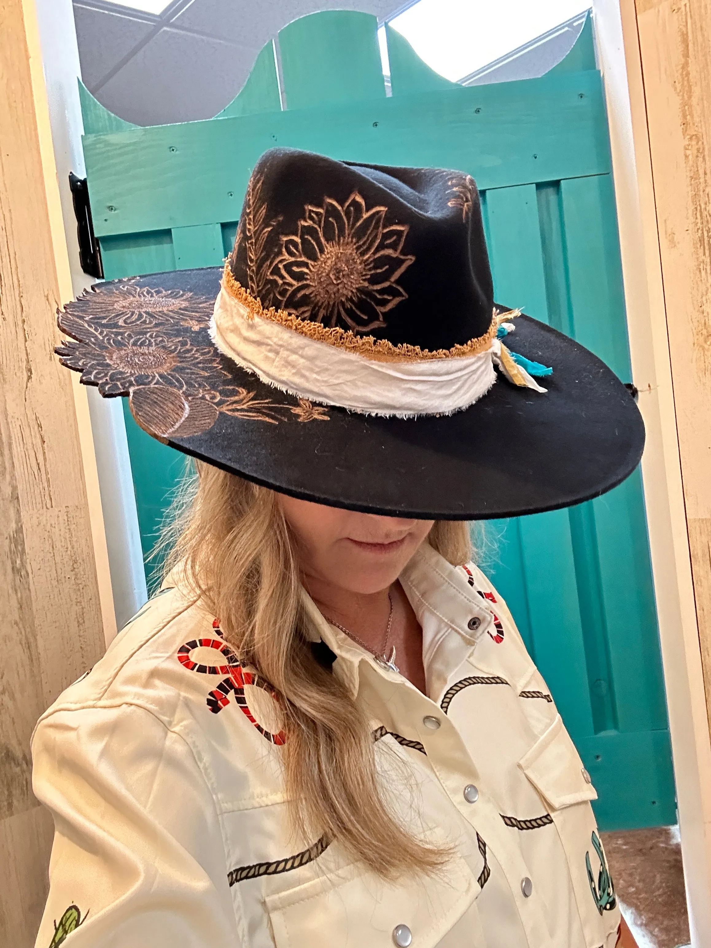 Sunflowers Live Edge Rancher Hat Custom Burned - Black| Bourbon Cowgirl
