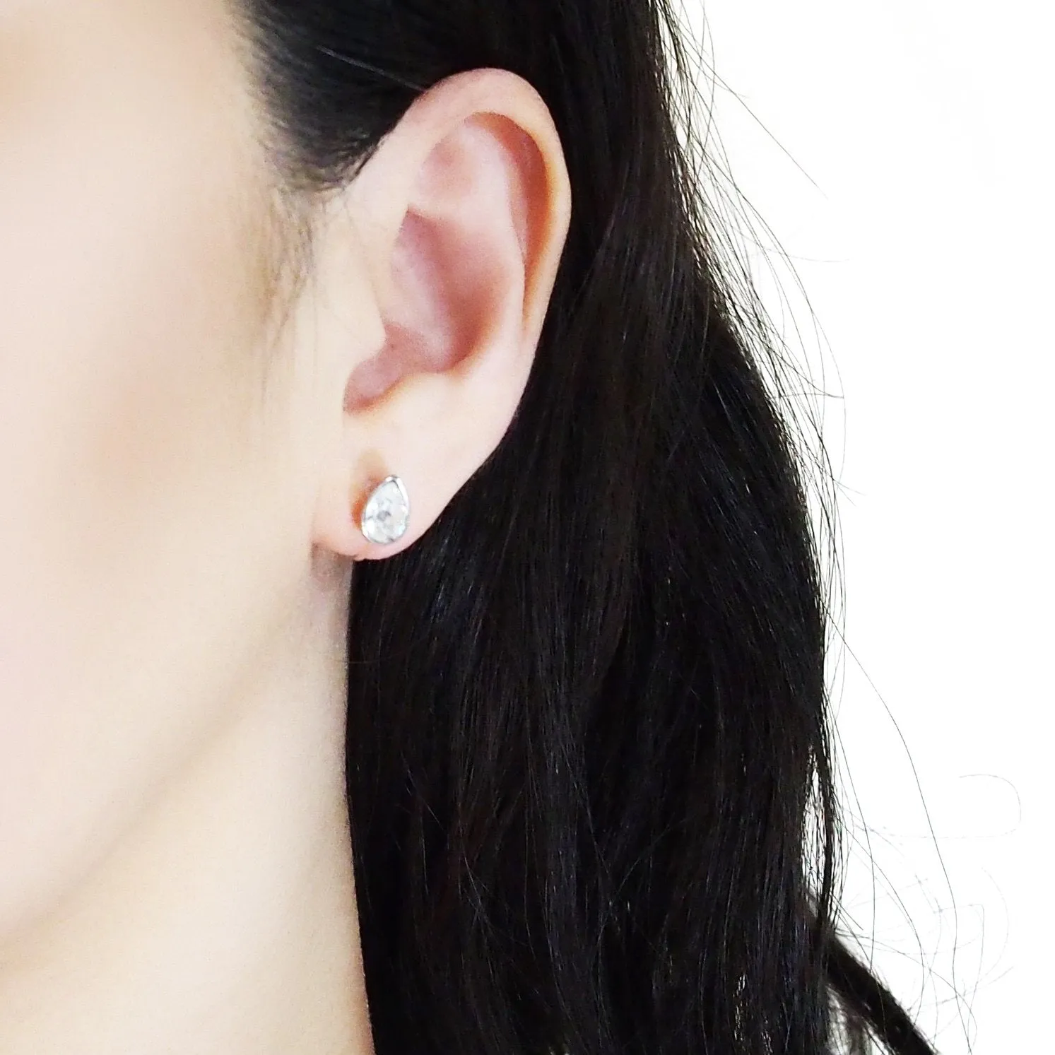 Teardrop Cubic Zirconia Crystal Invisible Clip On Stud Earrings (Silver tone)