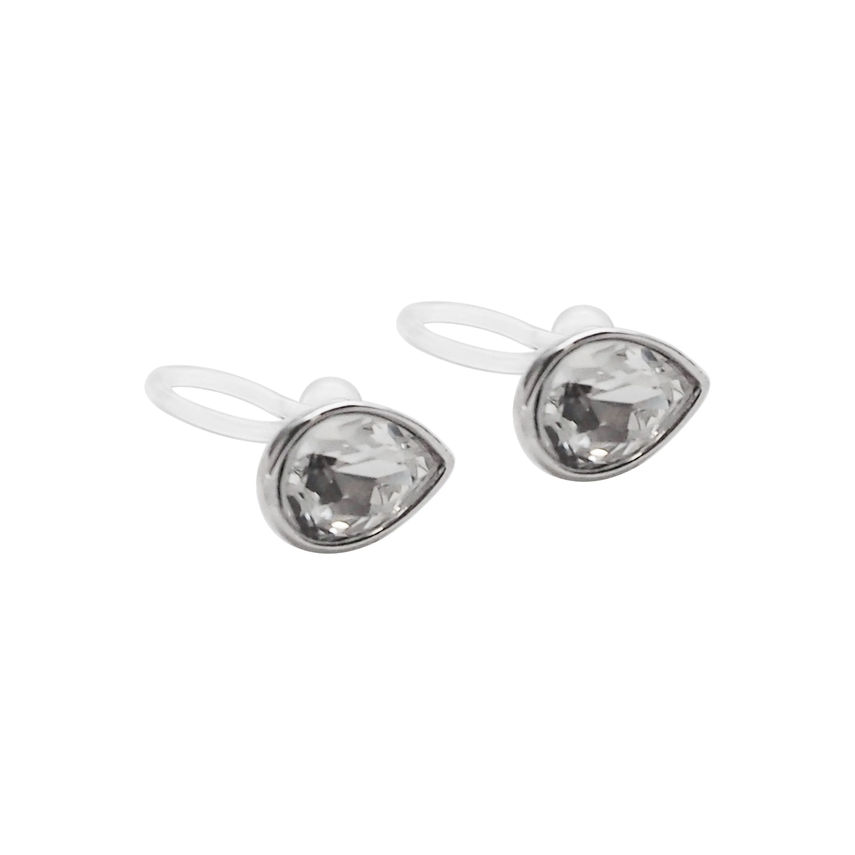 Teardrop Cubic Zirconia Crystal Invisible Clip On Stud Earrings (Silver tone)