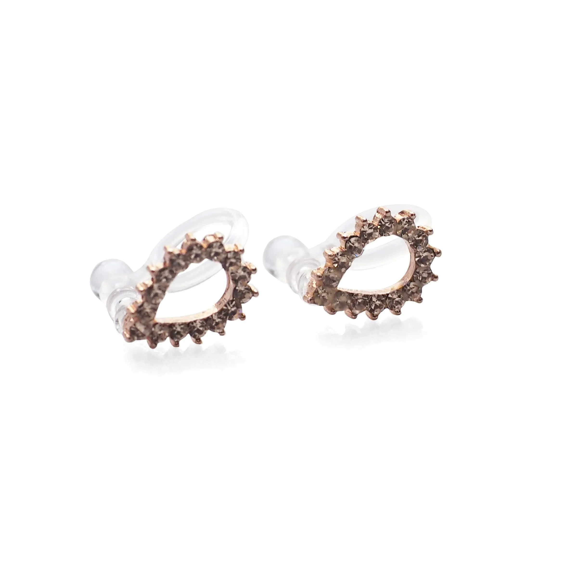 Teardrop Rhinestone Crystal Invisible Clip On Stud Earrings ( Rose gold tone )