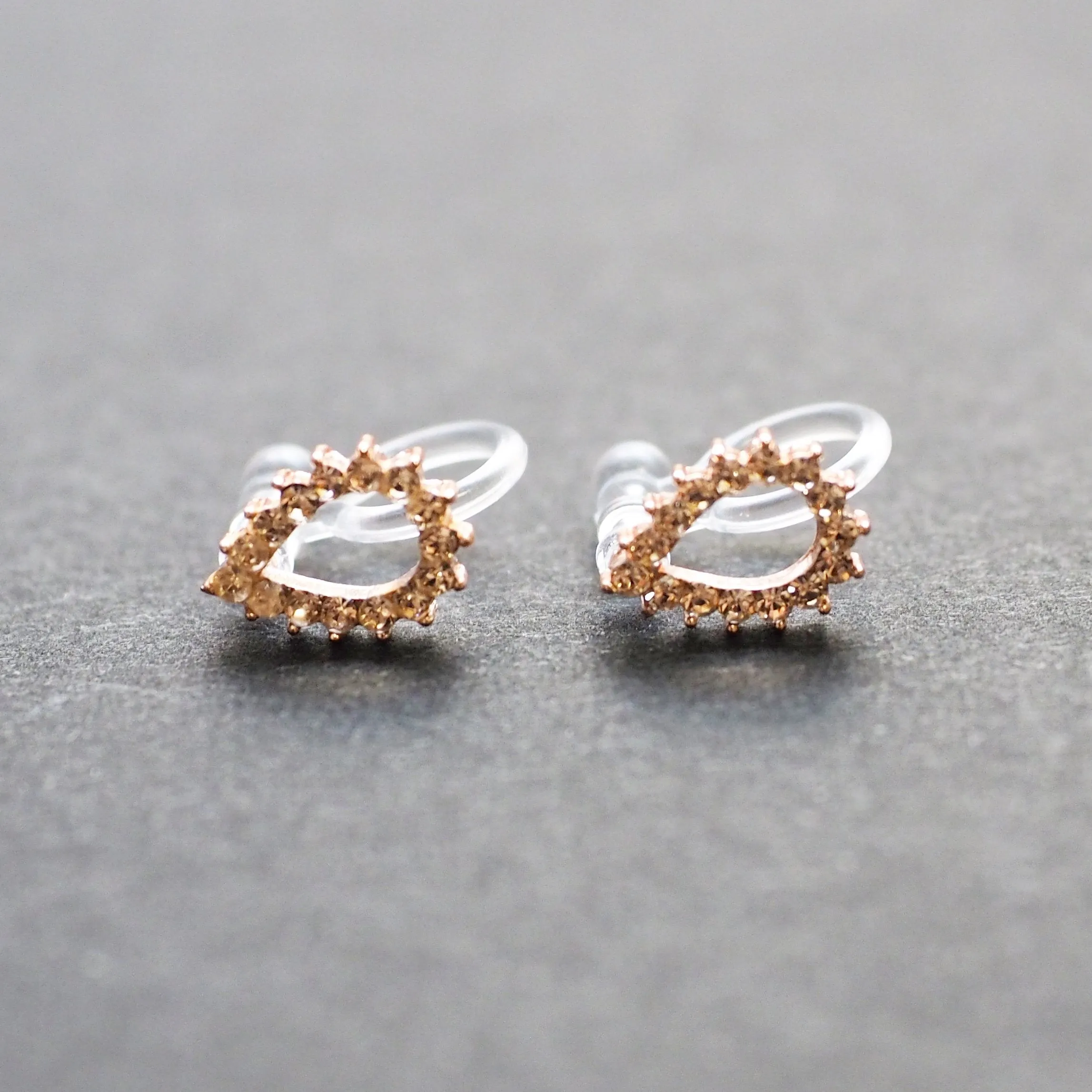 Teardrop Rhinestone Crystal Invisible Clip On Stud Earrings ( Rose gold tone )