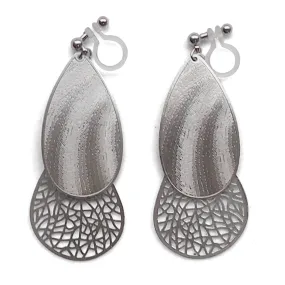 Textured  silver metal and teardrop filigree invisible clip on earrings
