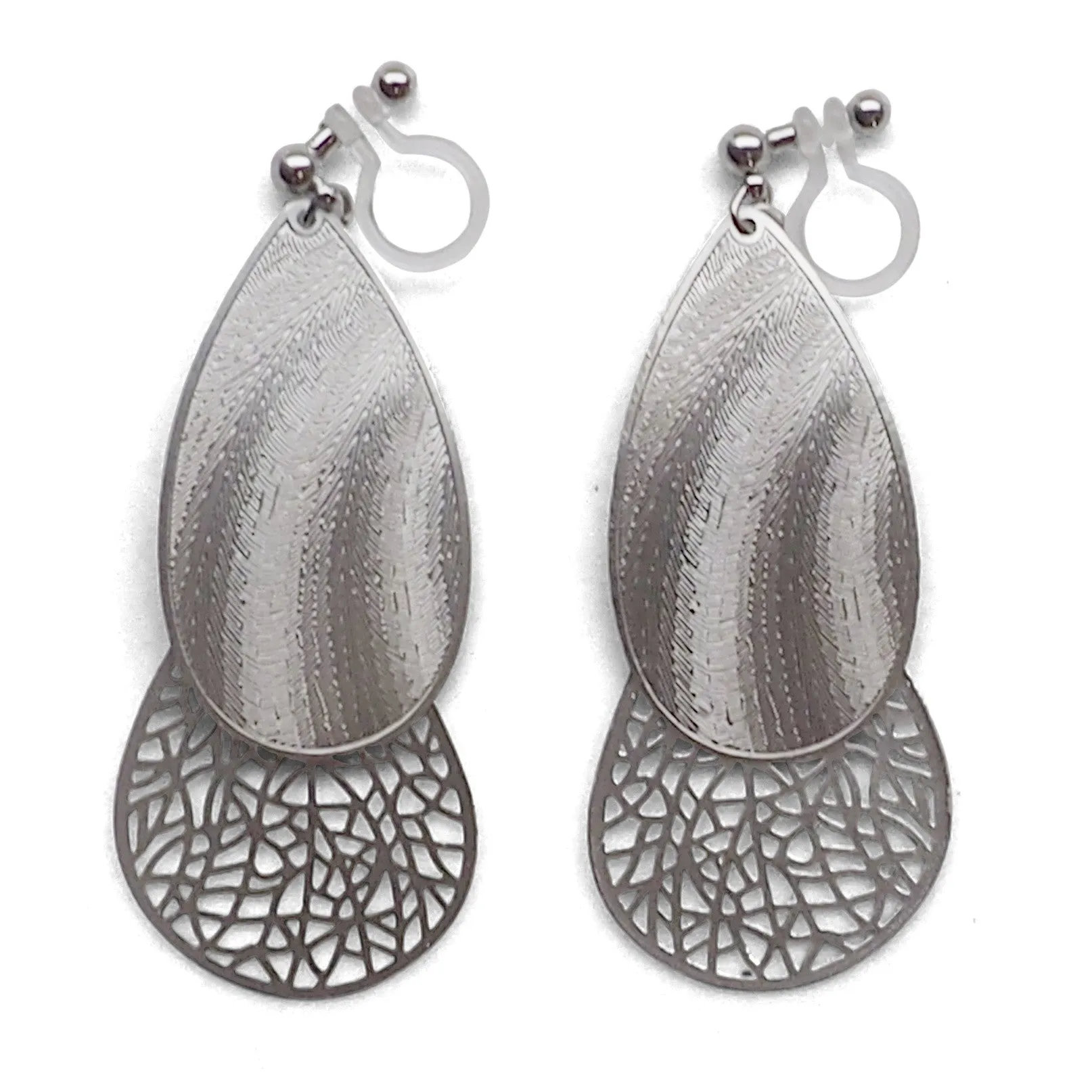 Textured  silver metal and teardrop filigree invisible clip on earrings