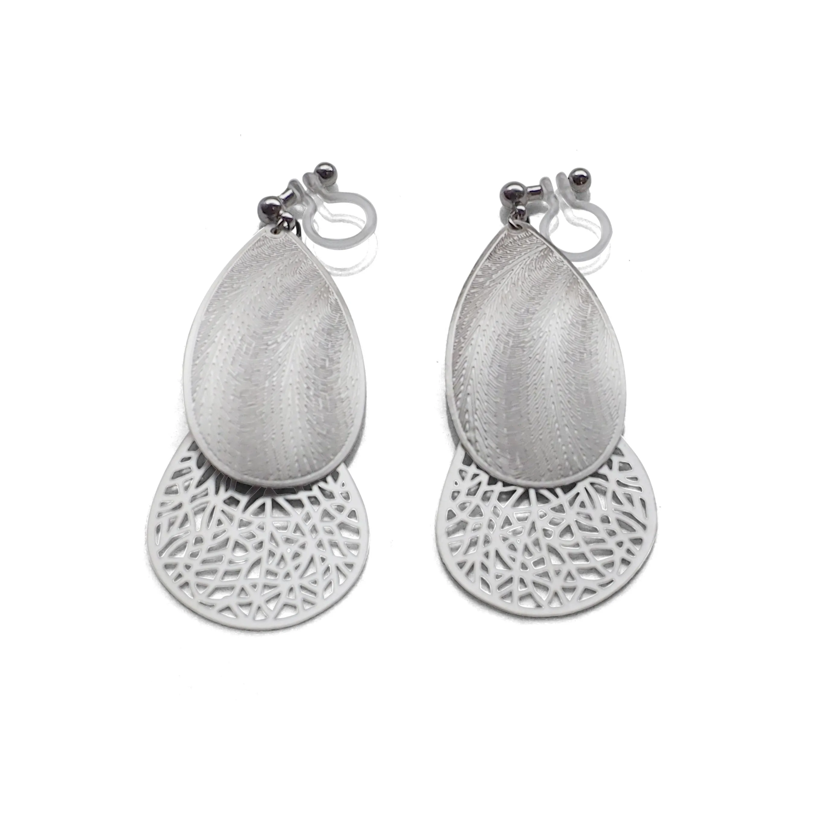Textured  silver metal and teardrop filigree invisible clip on earrings