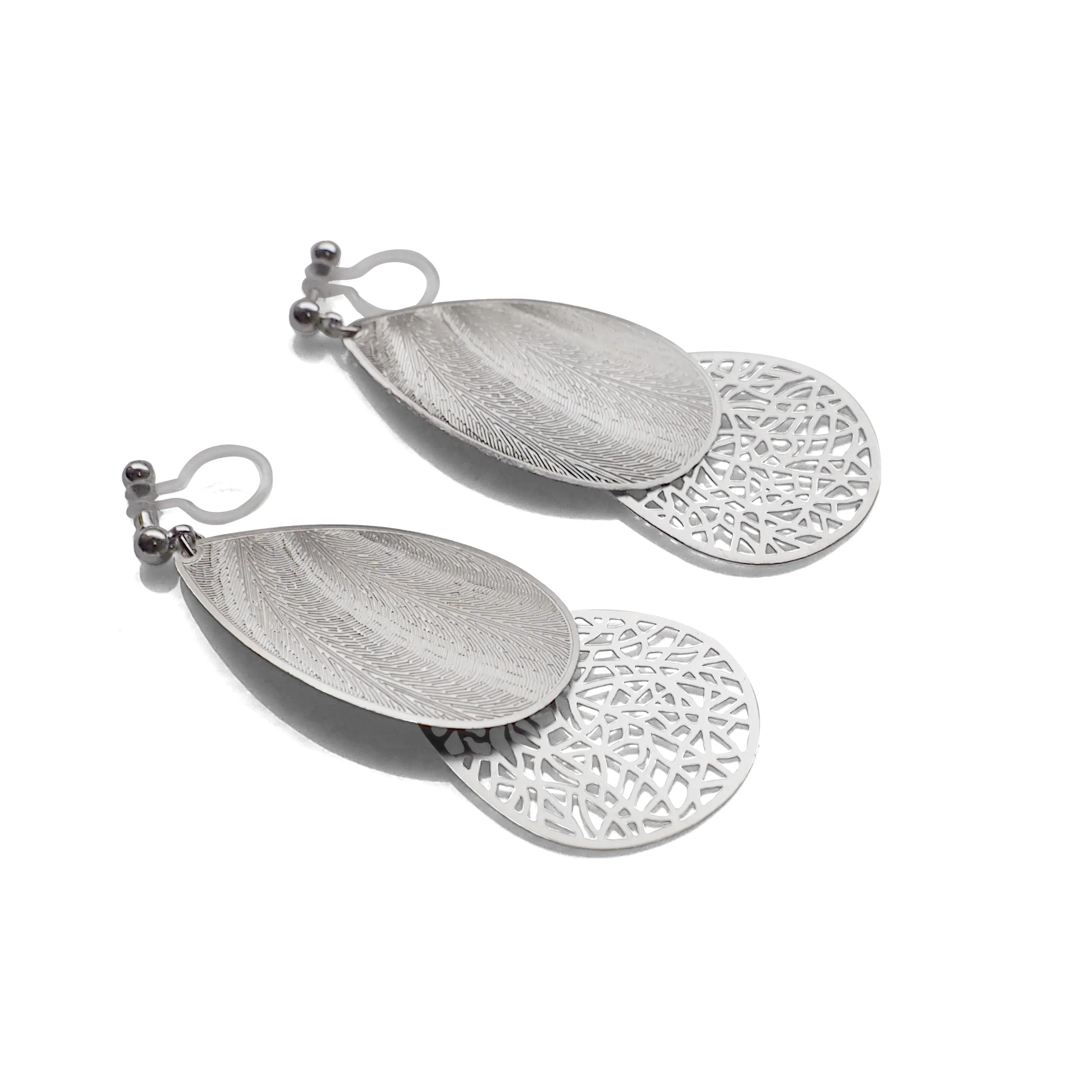 Textured  silver metal and teardrop filigree invisible clip on earrings