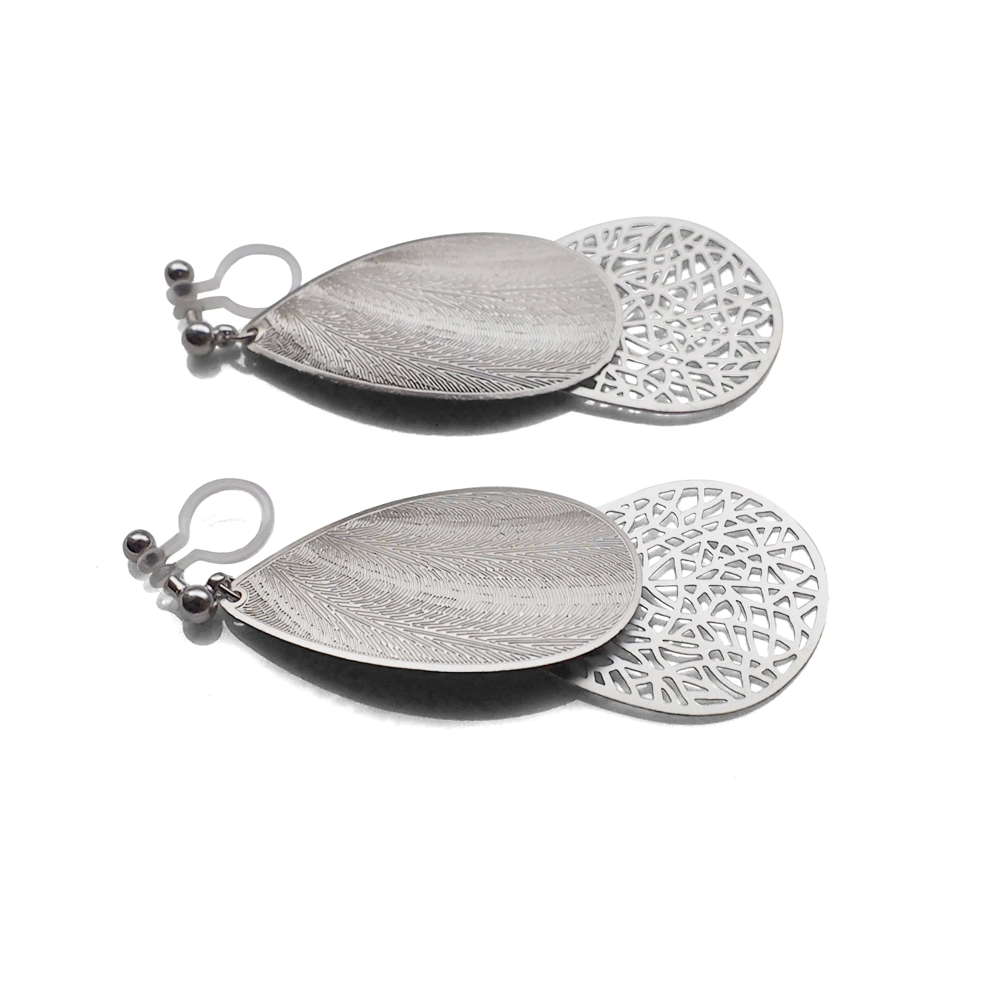 Textured  silver metal and teardrop filigree invisible clip on earrings