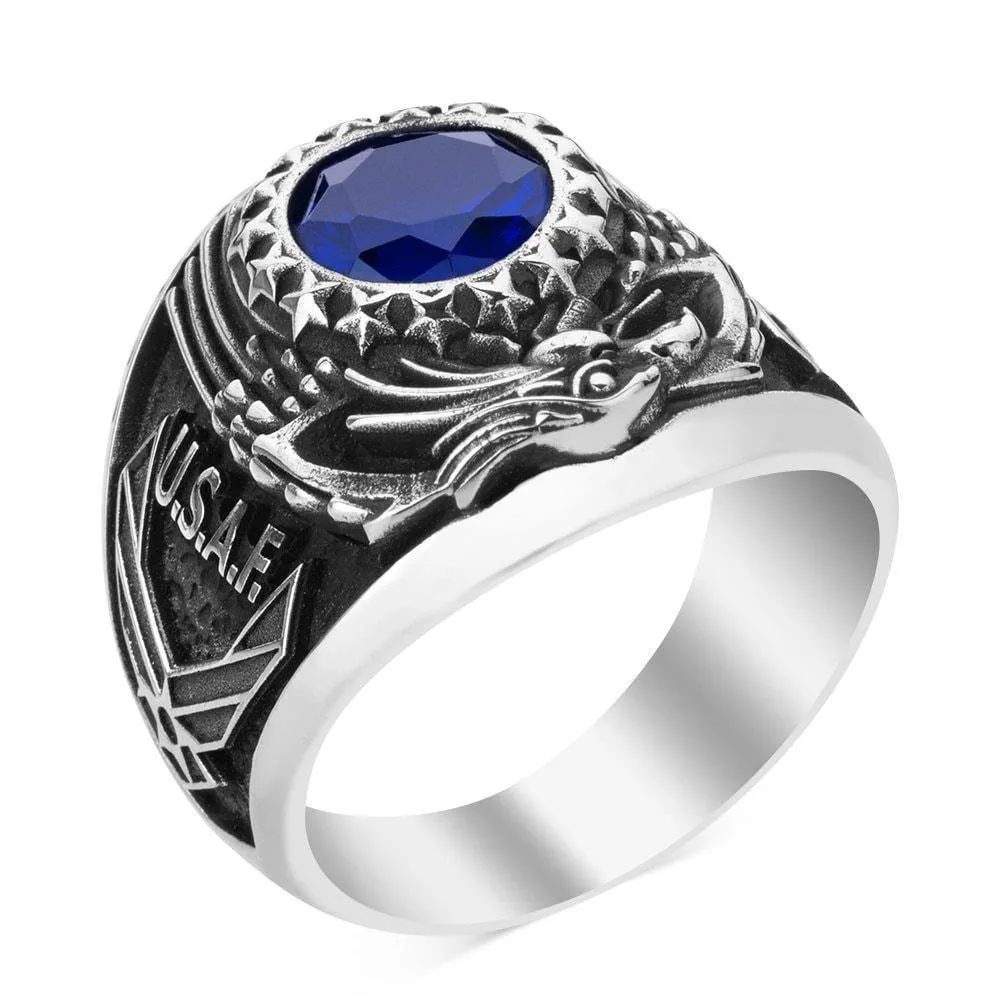 US Air Force Military Ring, USAF Blue Zircon Gemstone Ring
