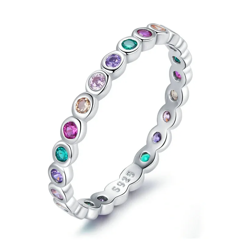 VAIGE 925 Sterling Silver Rainbow Zircon Ring with Dazzling CZ Stone - Customizable Engagement Jewelry Gift SCR714