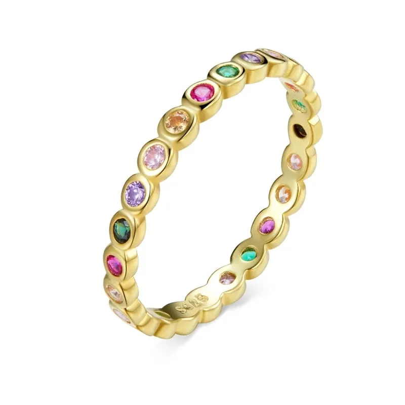 VAIGE 925 Sterling Silver Rainbow Zircon Ring with Dazzling CZ Stone - Customizable Engagement Jewelry Gift SCR714
