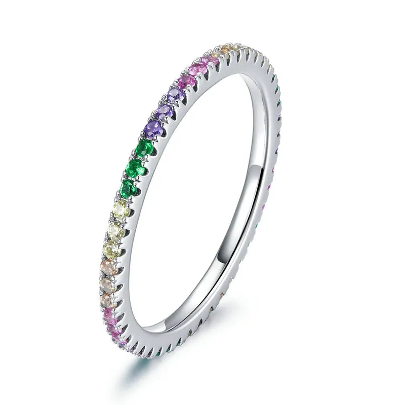VAIGE 925 Sterling Silver Rainbow Zircon Ring with Dazzling CZ Stone - Customizable Engagement Jewelry Gift SCR714