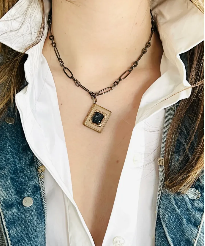 Vintage Black Cameo Intaglio Book Locket Necklace