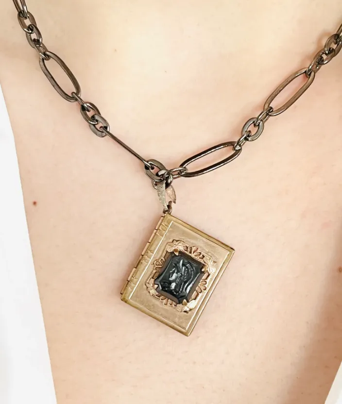 Vintage Black Cameo Intaglio Book Locket Necklace