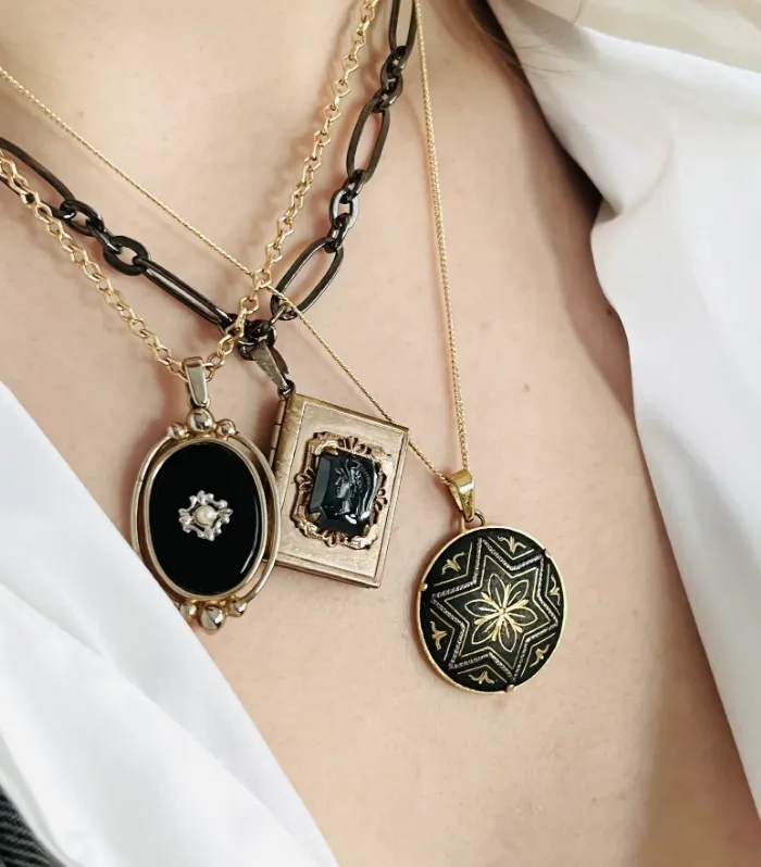 Vintage Black Cameo Intaglio Book Locket Necklace