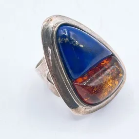 Vintage Sterling Silver 925 Statement Ring With Amber & Lapis Lazuli Gemstones Size 7.5
