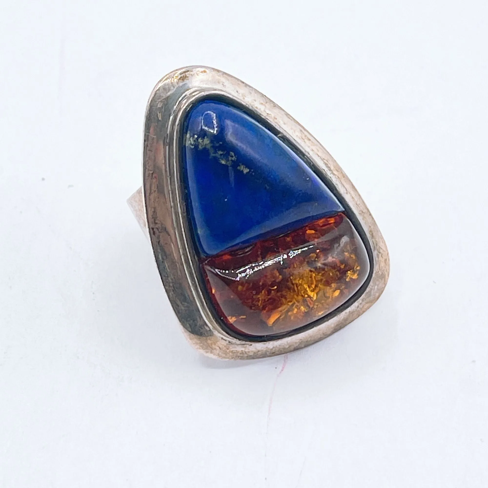 Vintage Sterling Silver 925 Statement Ring With Amber & Lapis Lazuli Gemstones Size 7.5