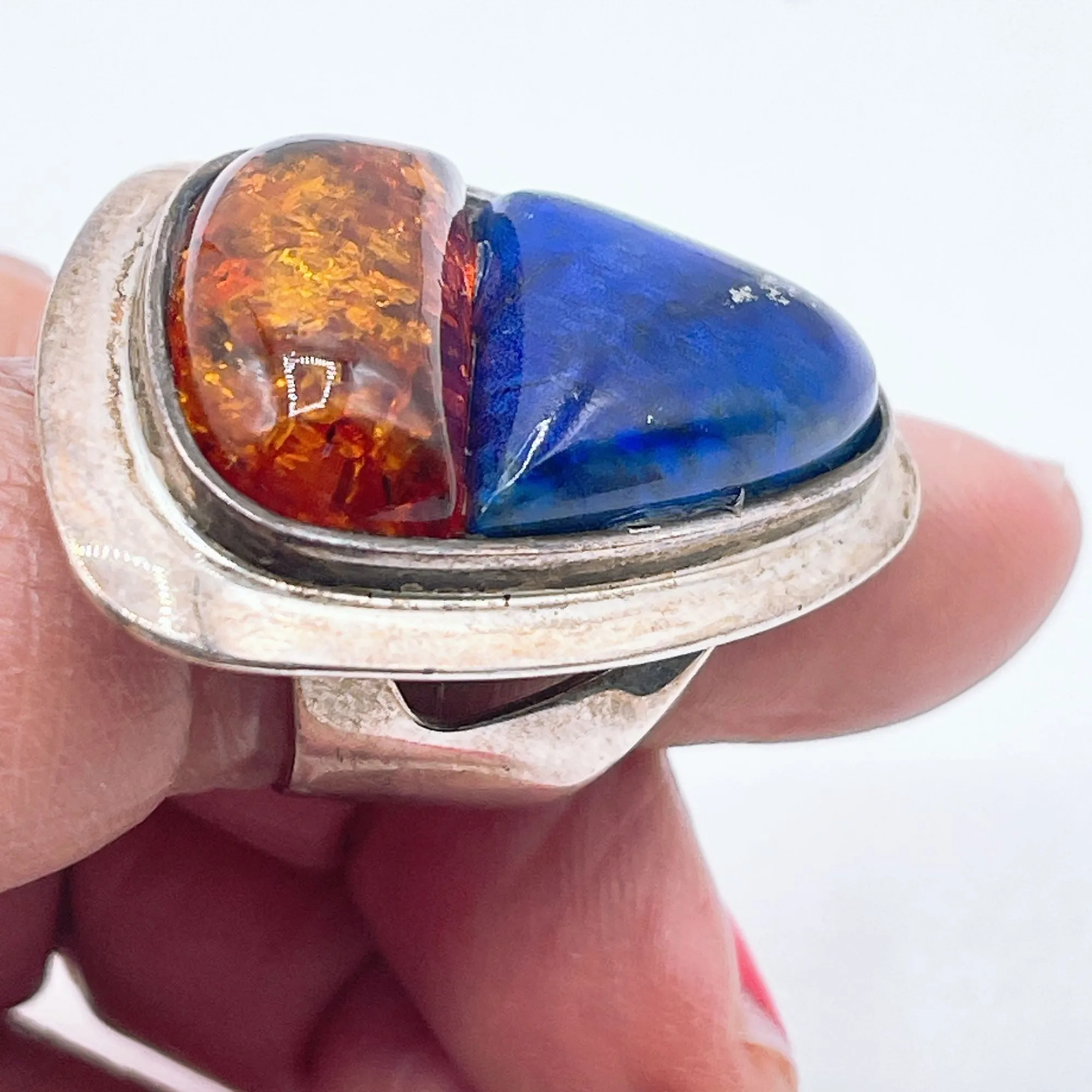 Vintage Sterling Silver 925 Statement Ring With Amber & Lapis Lazuli Gemstones Size 7.5