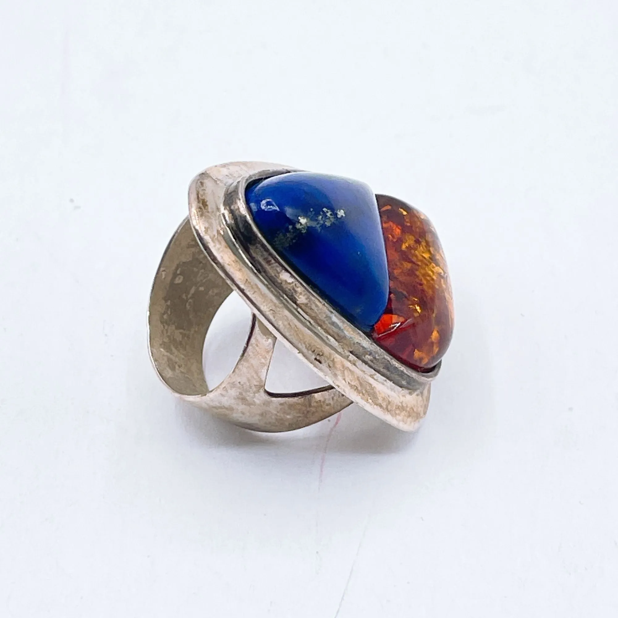 Vintage Sterling Silver 925 Statement Ring With Amber & Lapis Lazuli Gemstones Size 7.5