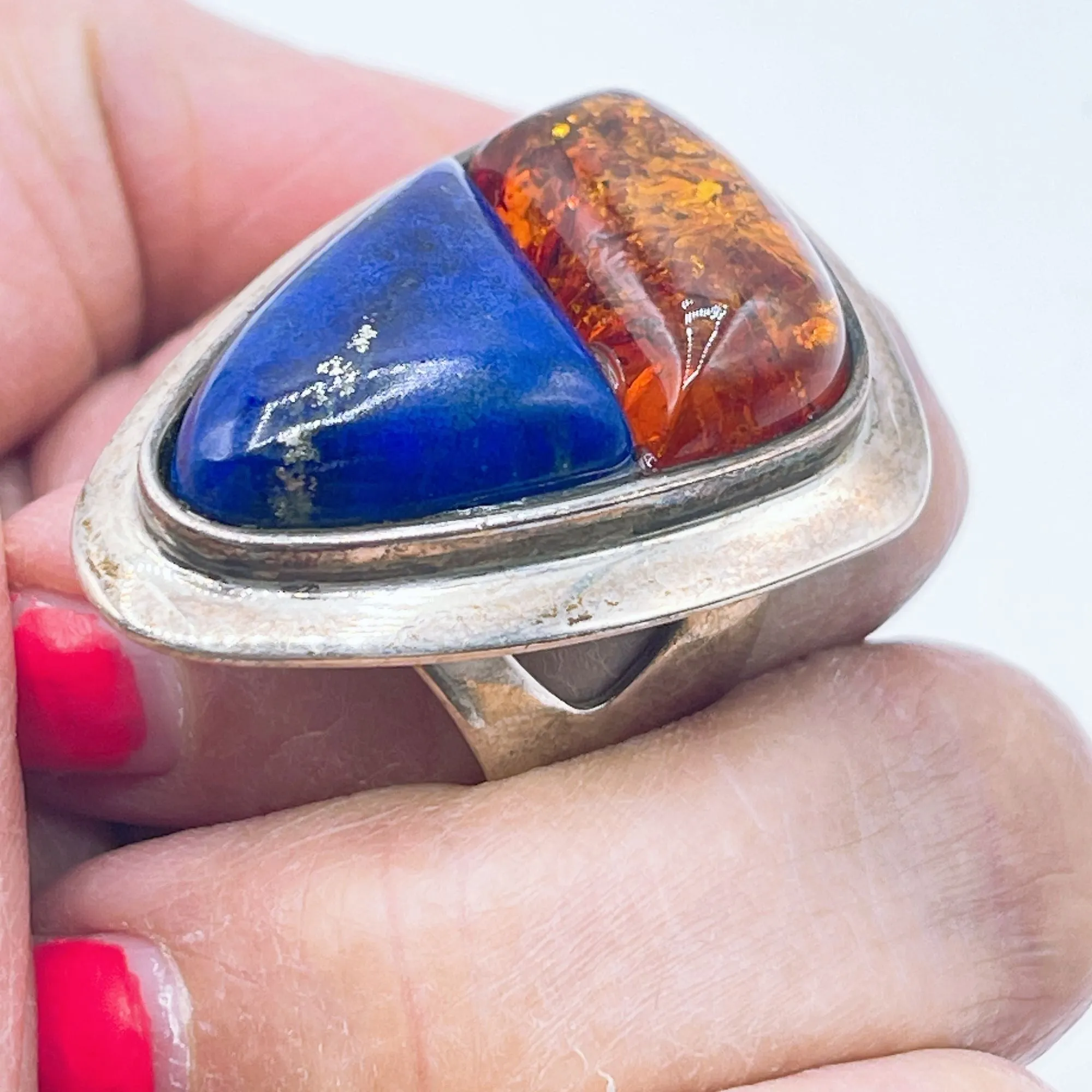 Vintage Sterling Silver 925 Statement Ring With Amber & Lapis Lazuli Gemstones Size 7.5