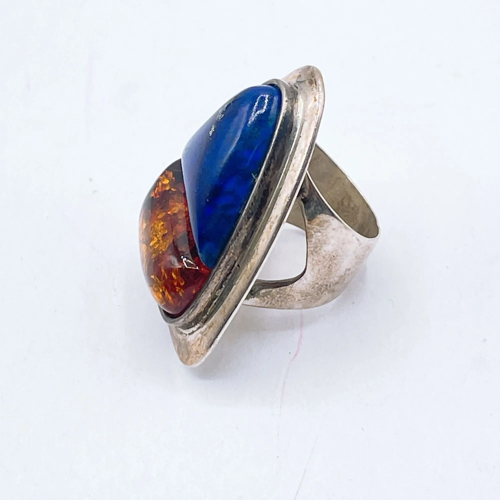 Vintage Sterling Silver 925 Statement Ring With Amber & Lapis Lazuli Gemstones Size 7.5