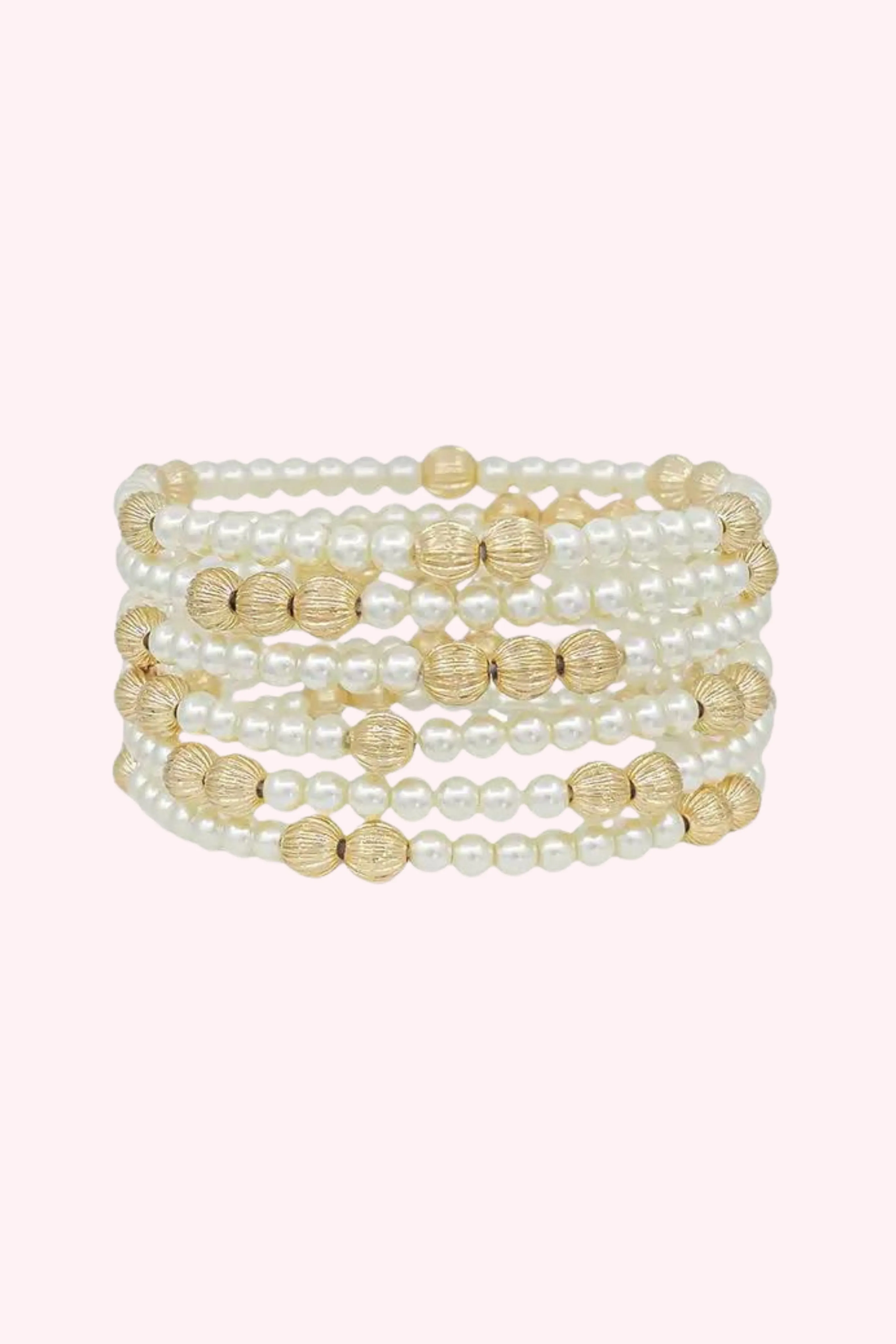 Water Resistant Gold Textured and Pearl Beaded Set of 6 Stretch Bracelets