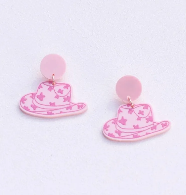 Western Pink Cowgirl Hat Earrings