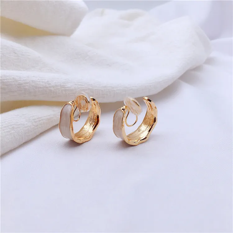 White Enamel Spiral Clip On Hoop Earrings